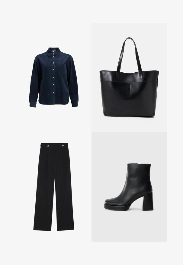 Dark blue corduroy long-sleeve shirt with button-up front, single chest pocket, spread collar, and beige buttons.; Black wide-leg trousers with high waist, button details on waistband, and front pleats.; Black leather ankle boot with a block heel and platform sole, viewed from the side on a plain white background.; Black leather tote bag with two long handles, a smooth texture, and a structured shape. Features a front pocket for additional storage.