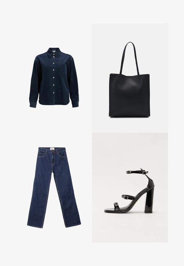Ciemnoniebieska koszula z długim rękawem z kordurowej tkaniny, z zapięciem na guziki z przodu, pojedynczą kieszenią na piersi, klasycznym kołnierzykiem oraz beżowymi guzikami.; Granatowe dżinsy o prostym kroju z przednimi kieszeniami, szlufkami na pasek i z zapięciem na guzik.; Czarne lakierowane sandały na obcasie z kwadratowym noskiem, z paskami wokół kostki i srebrnymi klamrami. Posiadają masywny słupek dla stabilności.; Czarna skórzana torba tote o gładkiej fakturze, prostokątnym kształcie i dwóch długich uchwytach. Brak widocznych elementów metalowych i ozdób.