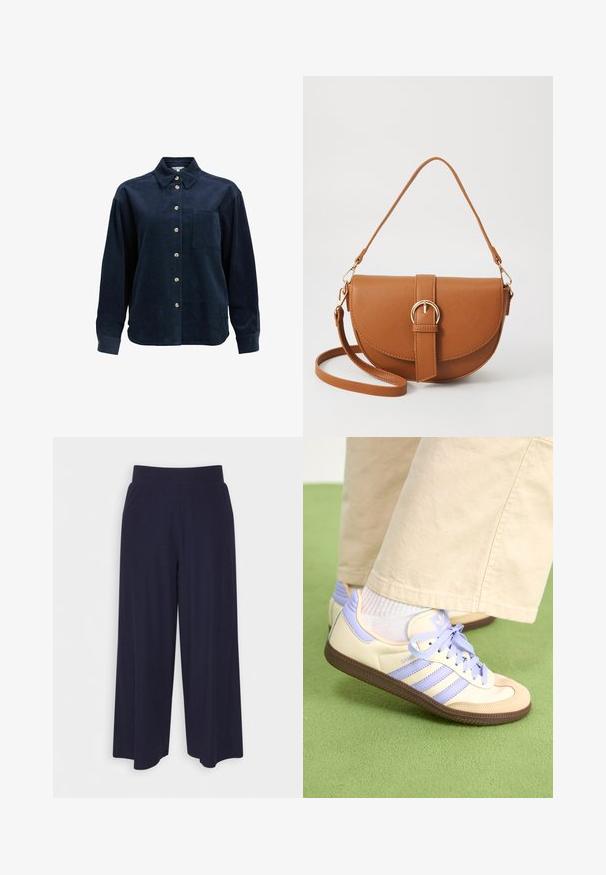 Camisa de manga larga de pana de color azul oscuro con cierre de botones en el frente, un bolsillo en el pecho, cuello extendido y botones beige.; Pantalones de pierna ancha en tejido de un oscuro color navy con una textura acanalada. Presenta una cinturilla suave y una silueta fluida, llegando a la altura de las pantorrillas.; Zapatillas de crema y lavanda con tres rayas y una suela marrón texturizada, que cuentan con cordones y un talón acolchado. Parte superior de tela suave.; Bolso bandolera de cuero marrón con forma curvada, herrajes dorados y un acento de hebilla. Incluye una correa de hombro desmontable.