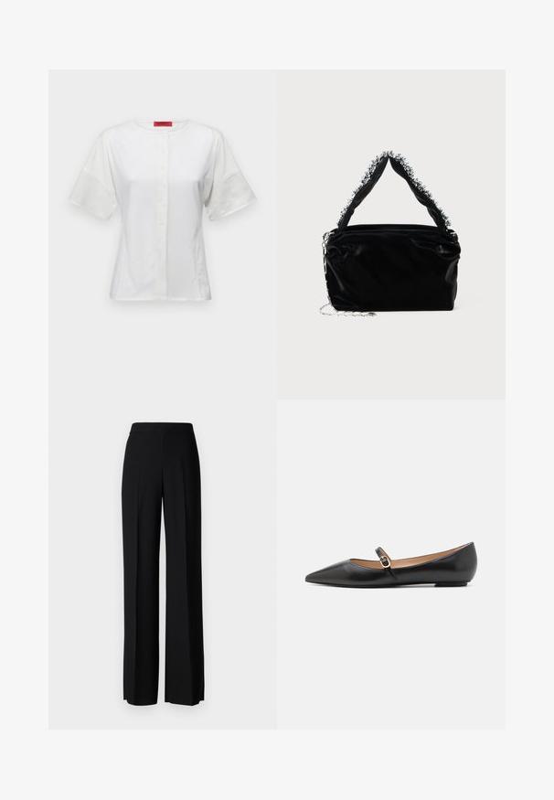 MAX&Co. ROSALBA - Blouse - weiss; Black wide-leg trousers with a smooth texture, featuring a high waistband and center pleats. No visible patterns or hardware details.; Black leather ballet flats with a pointed toe and a side strap featuring a circular gold accent. Lightweight with a flat sole.; Black faux leather handbag with a textured finish, featuring a beaded silver accent along the top handle and a chain strap.