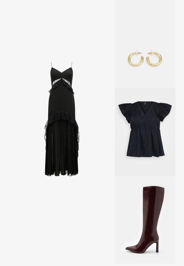 Top de algodão preto com decote em V, mangas curtas bufantes e detalhe franzido na cintura para um ajuste solto e fluido.; Vestido maxi preto com alças finas, detalhes em renda, camadas de babados na cintura e uma saia plissada. Textura suave, silhueta elegante.; Even&Odd Botas - dark red; Brincos em argola dourados com um acabamento liso e brilhante. Design circular com um pequeno pino e suporte transparente para um uso seguro.