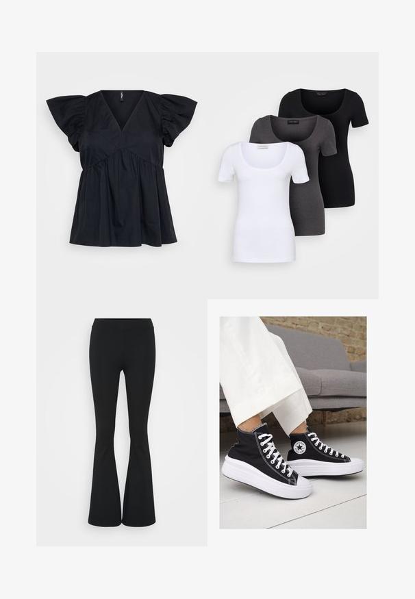 Melna kokvilnas blūze ar V-veida kakla izgriezumu, īsām pūkainām piedurknēm un savelkamu detaļu jostasvietā, nodrošinot brīvu, plūstošu piegriezumu.; Trīs pieguļoši T-krekli baltā, pelēkā un melnā krāsā. Katram ir plaša izgriezuma kakla un īsas piedurknes. Izgatavoti no gluda, elastīga auduma.; Melnas izplešanās bikses, izgatavotas no elastīga auduma, ar augstu vidukli un gludu tekstūru. Bikses izvēršas no ceļa.; Melni kanvas augstpapēžu apavi ar baltām gumijas zolēm un auklām. Ievērojams aplis logotips sānos un kontrastējoša balta šuvums.