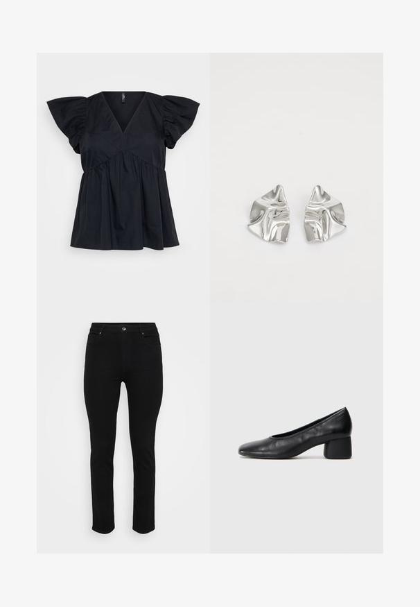 Svart bomullstop med V-hals, korte pufferm og rynkedetaljer i midjen for en løs og flytende passform.; Sorte denim jeans med slim fit, fem-lomme design, front knappelukking og lett stretch for komfort. Flat, jevn tekstur med minimal detaljer.; Sorte lærpumps med rund tå og mellomstor blokkhæl. Glatt tekstur med minimalt med detaljer, og har en subtil elastisk åpning.; Sølvmetall øredobber med et bølgete, skulpturelt design, preget av en polert finish og uregelmessige former, som fremhever en moderne estetikk.