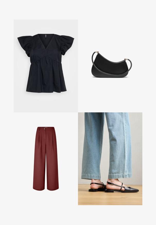 Black cotton top featuring a V-neck, short puff sleeves, and gathered detailing at the waist for a loose, flowing fit.; Wide-leg trousers in a rich burgundy color, made of smooth fabric. Features a waistband, front pleats, and a single button closure.; Black leather slingback shoes with a pointed toe, flat heel, and ankle strap; worn with light blue wide-leg jeans.; Black leather shoulder bag with a curved design, featuring a textured strap and gold-tone hardware at the top closure. Smooth finish.; Set of gold-tone earrings featuring various designs, including studs, hoops, and dangling pieces with pearls and rhinestones.