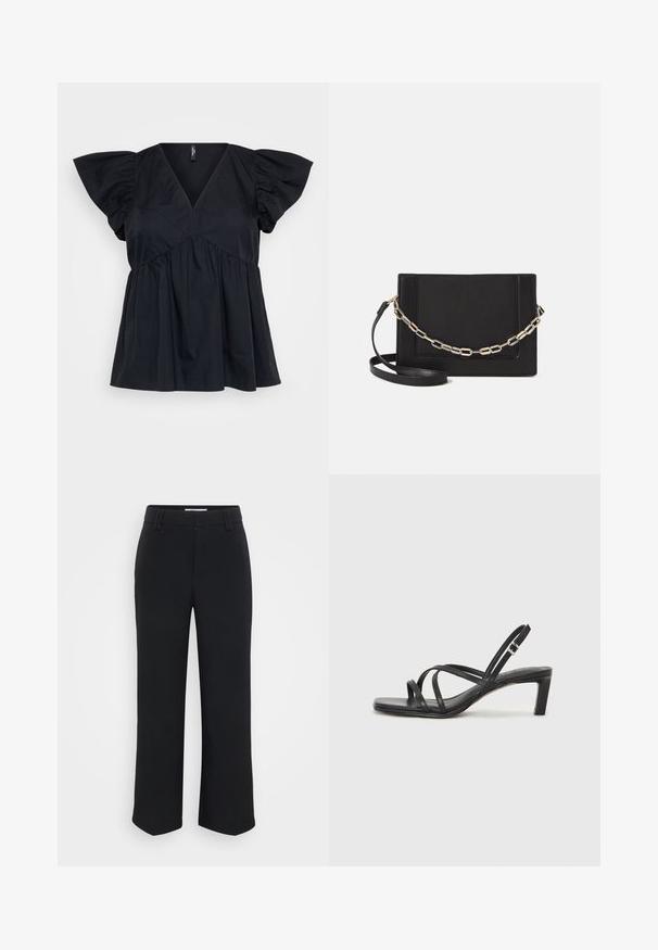 Čierny bavlnený top s výstrihom do V, krátkymi puff rukávmi a riasením v oblasti pásu pre voľný a splývavý strih.; Čierne široké nohavice s hladkou textúrou, s plochým pásom a bočnými vreckami, navrhnuté v minimalistickom štýle.; Čierne sandále na vysokom podpätku so štvorcovou špičkou a nízkym blokovým podpätkom. Obsahujú viacero tenkých popruhov a nastaviteľný členkový popruh. Vyrobené z hladkej kože.; Čierna kožená crossbody taška s hladkou textúrou, obdĺžnikovým tvarom a kovovým reťazovým detailom na prednej strane. Súčasťou je nastaviteľný popruh.