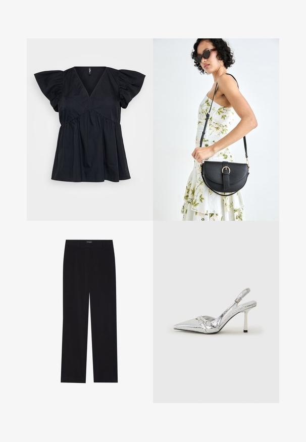 Top de algodão preto com decote em V, mangas curtas bufantes e detalhe franzido na cintura para um ajuste solto e fluido.; Calças de veludo cotelê pretas com corte reto, apresentando uma cintura lisa e sem bolsos visíveis, textura suave e detalhe de riscas verticais.; Sapato de salto alto slingback prateado com bico fino, acabamento metálico, duas correias decorativas e um salto esbelto com ponta preta.; Bolsa de couro preta com forma curva, alça destacável e detalhes em dourado. A bolsa possui uma aba com detalhe de fivela.