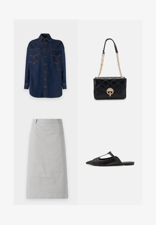 Jeansskjorte i mørkeblå med knaplukning foran, spread collar og to store brystlommer. Funktioner kontrasterende orange syninger og broderi.; Grå blyantskørt med en glat tekstur, tætsiddende form og flad talje, med sidesømme og uden synlige mønstre eller accenter.; Sort læderslyngeback sko med spids tå, der har en vævet detalje og en plisseret overdel. Flad sål med minimal hardware.; Sort patchworklæder håndtaske med en guldkæde-strop, der har en cirkulær spænde detalje. Kompakt rektangulær form med en glat tekstur.
