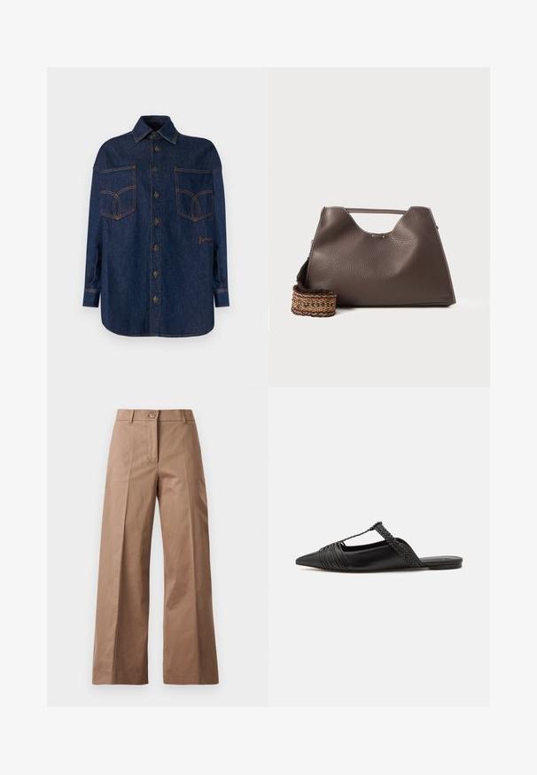 Tumši zila džinsu krekls ar pogu priekšpusi, klasiski izpletu apkakli un divām lielām krūšu kabatām. Iespējot kontrastējošu oranžu šuvumu un izšuvumu.; Brūni platajās kājas bikses, izgatavotas no gludas auduma, ar priekšējo pogu aizdari, divām priekšējām kabatām un tīrām, pielāgotām līnijām.; Melnas ādas slingback kurpes ar norādītu purngali, kurām ir austoša akcenta un krokota augšdaļa. Plakana zole ar minimālu aparatūru.; Brūna ādas rokassoma ar strukturētu apdari, leņķīgu dizainu un izteiksmīgu augšējo rokturi. Iespējamā rakstaina austā siksna.