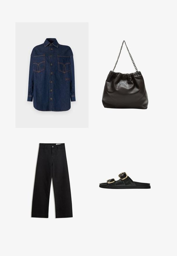 Denim shirt in dark blue with a button-up front, spread collar, and two large chest pockets. Features contrasting orange stitching and embroidery.; Black wide-leg denim pants with a high waist, featuring front and back pockets, stitched seams, and a button closure. Smooth texture.; Black slide sandal with two gold buckle accents, smooth textured material, flat sole, and a minimalist design.; Brown leather bag with a gathered top and a chain strap. Smooth texture with a glossy finish and subtle seam detailing on the sides.
