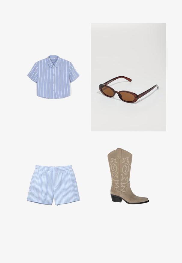 Camicia corta a maniche corte di un azzurro chiaro, con strisce verticali bianche, chiusura con bottoni e colletto aperto. Texture liscia simile al cotone.; Boxer leggeri a righe blu chiaro, realizzati in morbido cotone. Presentano una vita elasticizzata, chiusura a bottone e una vestibilità comoda. Logo discreto di lato.; PULL&BEAR Stivali texani / biker - taupe; Occhiali da sole rotondi con tonalità marrone, montatura lucida color bordeaux. Aste sottili con un sottile dettaglio del marchio. Design delle lenti piatte.; Orologio al quarzo Casio con quadrante rettangolare argento, dettagli dorati e bracciale in metallo bicolore argento e oro. Caratteristica di resistenza all'acqua.