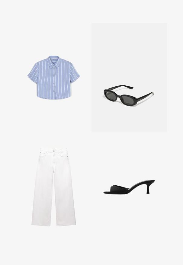 Camicia corta a maniche corte di un azzurro chiaro, con strisce verticali bianche, chiusura con bottoni e colletto aperto. Texture liscia simile al cotone.; Jeans bianchi a gamba larga in cotone, caratterizzati da un'alta vita, design a cinque tasche e dettagli in ottone. Texture liscia e non trattata.; Mule nere con tacco alto, dotate di una punta larga e aperta e di una parte superiore curva. Realizzate in tessuto texture, presentano un tacco sottile e una suola liscia.; Occhiali da sole neri con lenti ovali, montatura in plastica lucida e stecche sottili. Presentano il logo Ray-Ban in bianco sul lato.; Borsa a tracolla in pelle nera con accessori in metallo dorato, dotata di una chiusura distintiva, di una tracolla rimovibile e di una superficie texturizzata.