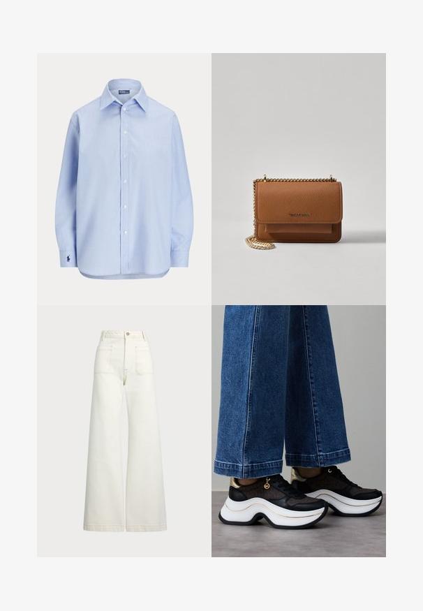 Svetlo modra srajca z gumbi iz bombažnega blaga, ki ima klasičen ovratnik, dolge rokave in majhen vezen logotip na zapestju.; Široke jeans hlače v off-white denim tkanini. Visok pas z gumbnim zapiranjem, dvema sprednjima žepoma in detajli kontrastnega šivanja.; Črni in zlati supergi z ukrivljeno belo podplatom. Teksturirana tkanina z logotipskimi poudarki. Kombinirani s širokimi modrimi kavbojkami.; Rjava teksturirana usnjena torba čez ramo z zlatim verižnim trakom in zapiranjem na pokrov. Spredaj je vidna podrobnost logotipa in žep pod pokrovom.