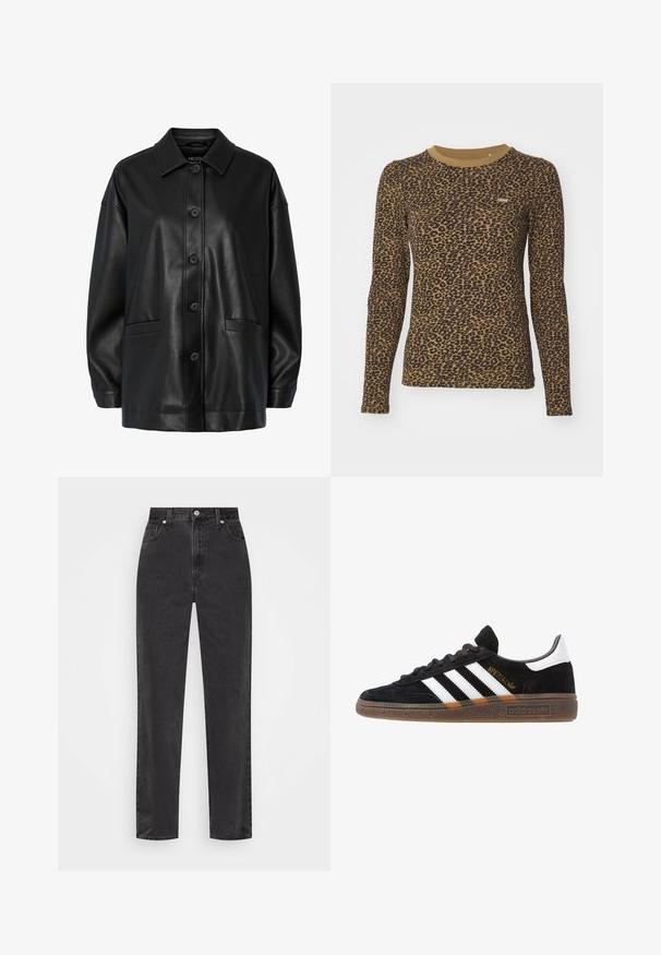 Melna ādas jaka ar apkakli, priekšējo pogu aizdari un divām sānu kabatām. Raksturīga gluda tekstūra un brīvs piegriezums.; Brūns garām piedurknēm T-krekls ar leopardu rakstu, apaļo kakla izgriezumu un nelielu stiepšanos. Mazs logo uzšuvums priekšpusē.; Melnas džinsus ar taisnu kāju un augsto jostu, ar priekšējo pogu un rāvējslēdzēju, kā arī piecu kabatu dizainu uz balta fona.; Melnas Adidas sporta kurpes ar baltām svītrām, zelta "Spezial" uzrakstu, gumijas zoli un baltu papēža daļu, attēlotas profila skatījumā.