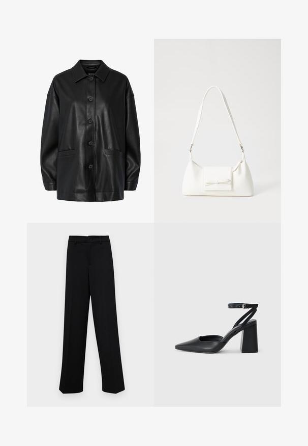 Black leather jacket with a collared neck, front button closure, and two side pockets. Features a smooth texture and relaxed fit.; Black wide-leg trousers made of smooth fabric, featuring a classic waistband with a button closure and front pleats.; Black leather pointy-toe pump with an ankle strap and a chunky heel. Flat texture, sleek design, and minimalistic aesthetics.; White synthetic handbag with a triangular shape, flat front flap and bow detail, adjustable strap, smooth texture, and minimalistic design.