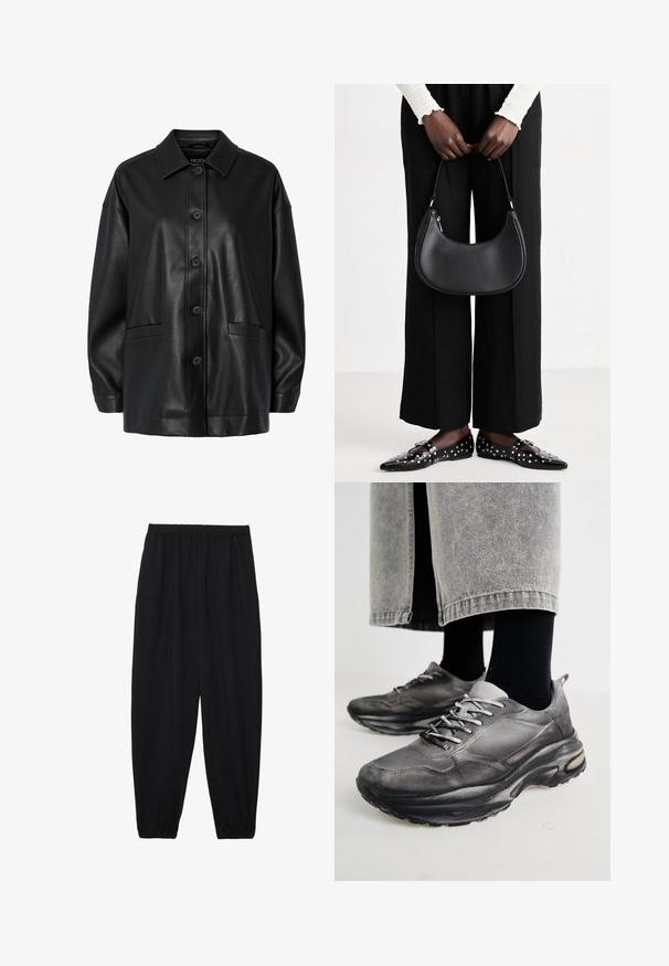 Black leather jacket with a collared neck, front button closure, and two side pockets. Features a smooth texture and relaxed fit.; Black, lightweight pants with an elastic waistband and gathered ankles. The fabric is smooth and features a relaxed, tapered design.; Black and gray athletic shoes feature a mesh upper, thick soles, and laces. They have a rounded toe and visible cushioning detail.; Black leather shoulder bag with a rounded shape, glossy finish, and silver hardware. Person wearing black wide-leg pants and studded loafers.