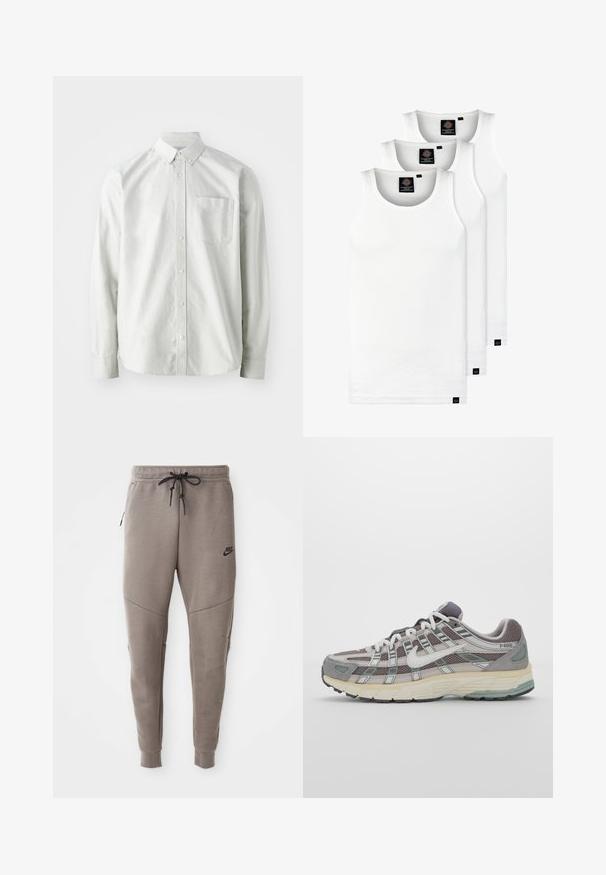 Jasnoszara koszula zapinana na guziki z długimi rękawami, kołnierzykiem i jedną kieszonką na piersi. Wykonana z gładkiego, tkanej tkaniny.; Trzy białe prążkowane koszulki na ramiączkach wykonane z bawełny. Posiadają okrągły dekolt i małe czarne metki blisko dolnego brzegu. Dostępne w różnych rozmiarach.; Szare dresy Nike z elastycznym pasem ze sznurkowym zapięciem, zwężanymi nogawkami, bocznymi kieszeniami i wyraźnymi detalami szwów. Miękka, teksturowana tkanina.; Szare buty sportowe z siateczkowym i zamszowym wierzchem, białymi akcentami, amortyzowaną podeszwą oraz charakterystycznym designem z elementami odblaskowymi.