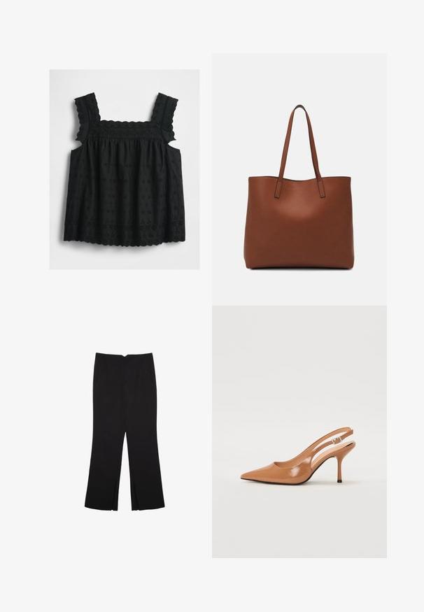 Čierny top bez rukávov s volánovými popruhmi, kvetinovou výšivkou z otvorených očiek, s oblým lemom a zozbieraným telom pre voľný, vzdušný strih.; Čierne nohavice so strihom rovného strihu, s prednými vreckami a bočnými rozparkami na leme. Vyrobené z mäkkej, hladkej tkaniny. Vhodné na rôzne príležitosti.; Sandal s úzkym podpätkom a špicatou špičkou v hladkej lesklej hnedej materiáli. Obsahuje zakrivený výrez a štíhly ihlový podpätok. Strieborný prackový detail.; Hnedá kožená taška na rameno s hladkou textúrou, otvoreným vrchom a dvoma ramenými popruhmi. Má minimálne šitia a žiadne viditeľné kovania.