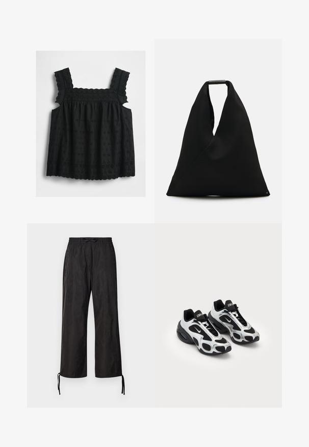 Czarny bezrękawnik z falbankowymi ramiączkami, haftem w kwiatowy wzór, falbaniastym wykończeniem i marszczonym fasonem, zapewniający luźny i swobodny krój.; Czarne, luźne spodnie z elastycznym pasem i regulowanymi sznurkami u kostek. Gładki materiał o subtelnym połysku.; Czarno-srebrne buty sportowe z siateczkową i syntetyczną cholewką, z charakterystycznym falistym wzorem oraz wyściółką wokół kostki, z poduszką powietrzną w podeszwie.; Czarna torba na zakupy z unikalnym wzorem w kształcie V i gładką teksturą. Posiada krótką rączkę z minimalistycznym detalem hardware.; Czarne bezpalcowe rękawice wykonane z elastycznego materiału, z otwartą dłonią, akcentami chwytu i białym logo Nike.