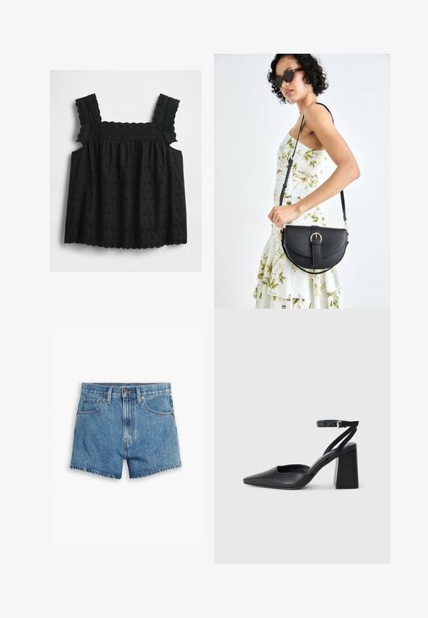 Czarny bezrękawnik z falbankowymi ramiączkami, haftem w kwiatowy wzór, falbaniastym wykończeniem i marszczonym fasonem, zapewniający luźny i swobodny krój.; Jasnoniebieskie szorty dżinsowe z pięcioma kieszeniami, z zamkiem błyskawicznym i zapięciem na guzik. Rant jest postrzępiony, a krój jest luźny.; Czarne skórzane czółenka z ostrym noskiem, z paskiem na kostce i grubym obcasem. Gładka faktura, elegancki design i minimalistyczna estetyka.; Czarna skórzana torebka o zakrzywionym kształcie, z odpinanym paskiem i złotymi akcentami. Torebka posiada klapę z zapięciem w kształcie klamry.