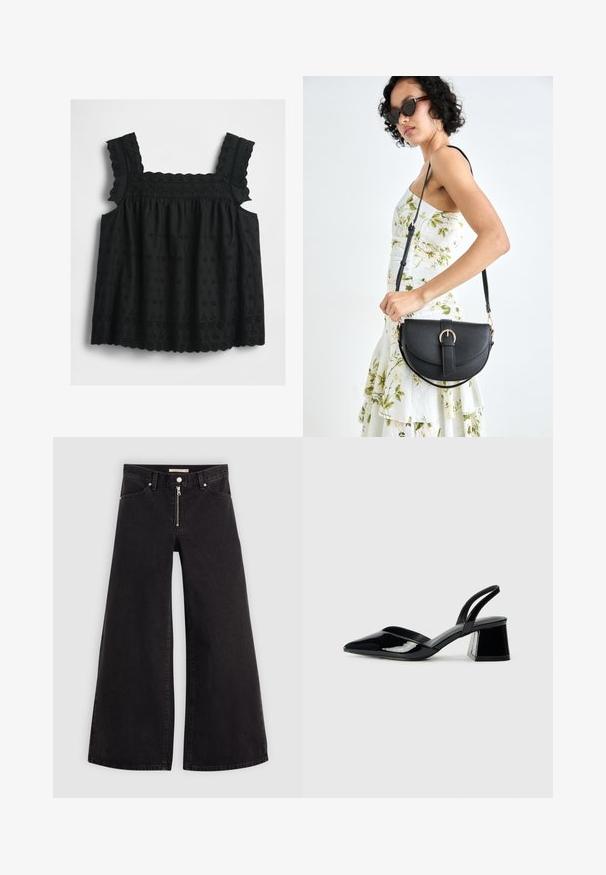 Juoda be rankovių palaidinė su raukiniais, gėlių akies siuvinėjimu, banguota apatine dalimi ir susiraukšlėjusiu liemeniu, suteikiančiu laisvą, plazdantį siluetą.; Plačios kojų džinsai iš juodo džinsinio audinio su užtrauktuku priekyje, penkių kišenių dizainu ir subtiliais siuvinėjimo akcentais. Lygus paviršius ir laisvalaikio stilius.; Juodos lakuotos odinės šlepetės su smailiu pirštu ir geometriniu bloko kulnu. Turi elegantišką, minimalistinį dizainą ir lygų paviršių.; Juodas odinis krepšys su išlenkta forma, nuimamu dirželiu ir auksiniais detalėmis. Krepšys turi kilpą su sagtimi.