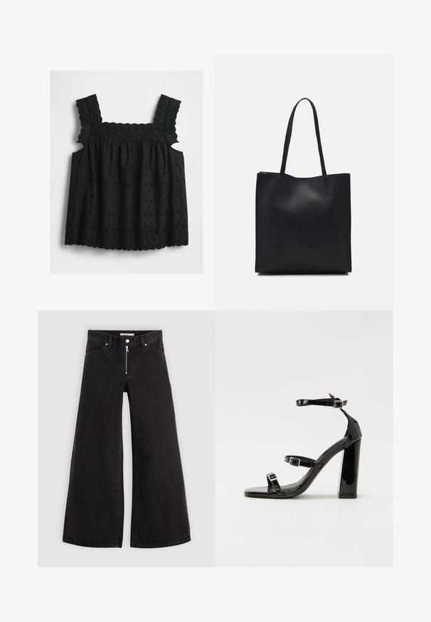 Musta без рукавов топpi, jossa on rypytetyt hihnat, kukkashaalarineulos, aallokkohelma ja kerrostettu rintaosa, joka tarjoaa kevyen ja virtaviivaisen istuvuuden.; Mustat leveälahkeiset farkut, joissa on vetoketjufrunti, viisi-taskuinen muotoilu ja hienovaraiset ompelusyyt. Sileä pinta ja rento tyyli.; Musta kiiltävä korkokenkä sandaalit neliönmuotoisella varpaalla, nilkkaremmillä ja hopeisilla soljilla. Varustettu tukevalla lohkokorkealla vakauden takaamiseksi.; Mustapahkainen kangaskassi, jossa on sileä pinta, suorakaiteen muotoinen ja kaksi pitkää kahvaa. Ei näkyvää metalliosaa tai koristeita.