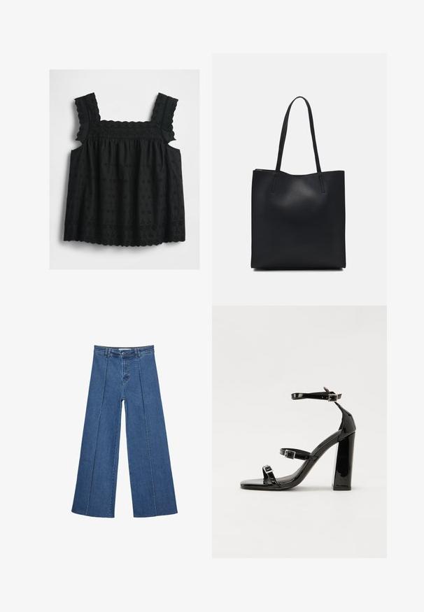 Sort ærmeløs top med flæser på stropperne, blomsterbroderi med hulmønster, bølget kant og smocket liv for en løs, flydende pasform.; Bredde ben denim jeans i mellemblå, med høj talje, knaplukning og kontrasterende lodrette sømdetaljer foran.; Sorte patenterede hælsandaler med firkantet tå, ankelremme og sølvspænder. Har en chunky blokHæl for stabilitet.; Sort læder tote taske med glat tekstur, rektangulær form og to lange hanke. Ingen synlig hardware eller udsmykninger.