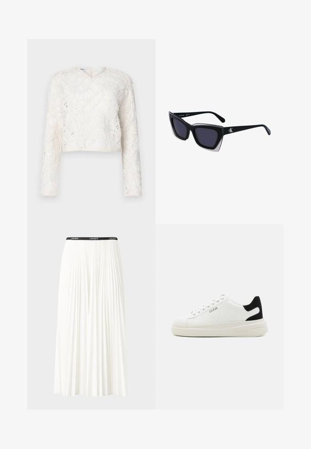 Top corto bianco con maniche lunghe, scollatura a V, tessuto testurizzato con motivi simili a foglie e un'aspetto leggermente trasparente.; Gonna bianca plissettata con elastico nero in vita che presenta il logo "LACOSTE". Design di lunghezza media con texture morbida.; Sneaker bianchi in pelle con suola spessa bianca, accento in suede nero sul tallone e logo impresso sul lato. Design con lacci e sei fori per i lacci.; Occhiali da sole oversize neri dalla forma geometrica, con lenti scure e un dettaglio grigio a contrasto sulla montatura. Logo sul braccio.