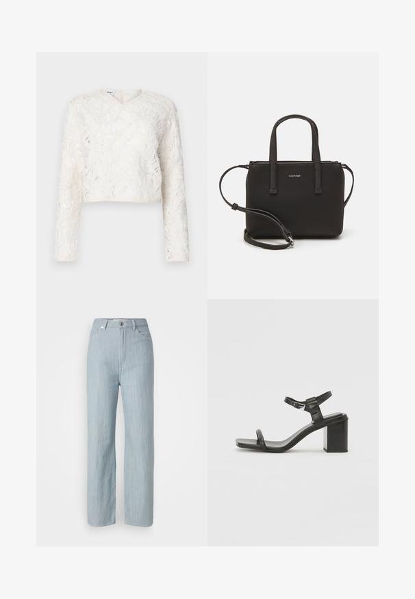 Valge lühikeste varrukatega topp, millel on V-kaelus, tekstuuriga kangas lehekujude mustriga ja kerge läbipaistvusega.; Heledad sinine sirge säärtega teksapüksid, mis on valmistatud denimkangast. Omab viit taskut, metallist nupuga sulgemist ja õrna kulumist tekstuuri jaoks.; Must mustast blokknõgaga sandaalid, millel on lai rihm varvaste kohal ja reguleeritav pahkluurihm, omades stiilset ja minimalistlikku disaini.; Musthave mustrans vöö ja eemaldatav õlarihm. Gludike nahk siledaga, millel on tõmblukk ja logo detail.