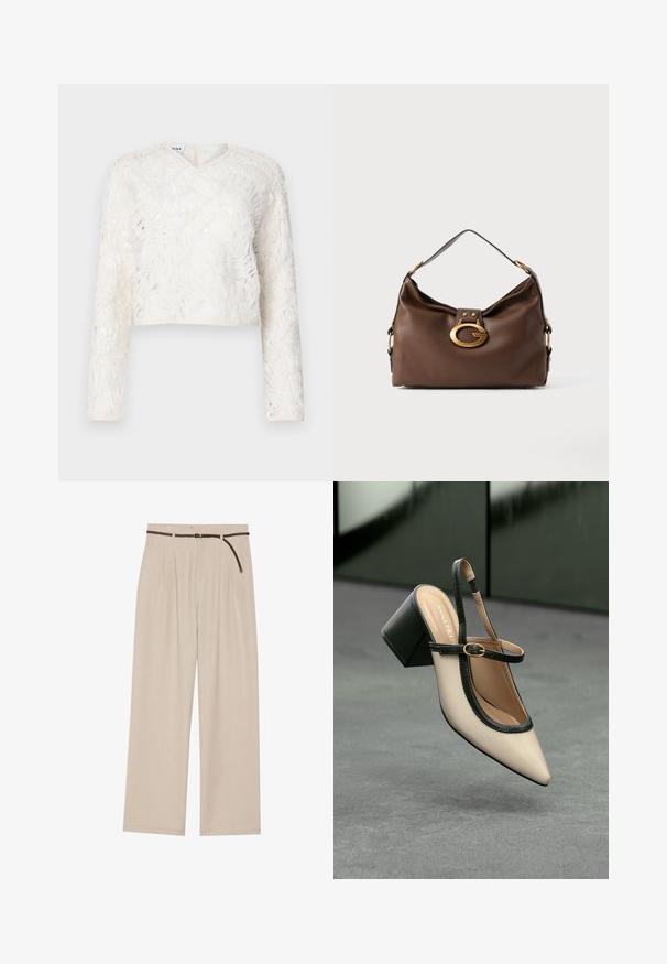 Biely skrátený top s dlhými rukávmi, výstrihom do V, textúrovanou látkou s listovými vzormi a jemným priehľadným vzhľadom.; Béžové nohavice s širokými nohavicami a plisovaním, vyrobené z ľahkej tkaniny, s pleteným hnedým opaskom a rovnými okrajmi.; Béžová lodička so špicatou špičkou, s čiernym lemom, zlatou prackou a robustným blokovým podpätkom na šedom podlahe s tmavozeleným pozadím.; Hnedá kožená kabelka s textúrovaným povrchom, so zlatým kovovým zapínaním a jedným zakriveným ramenným popruhom.