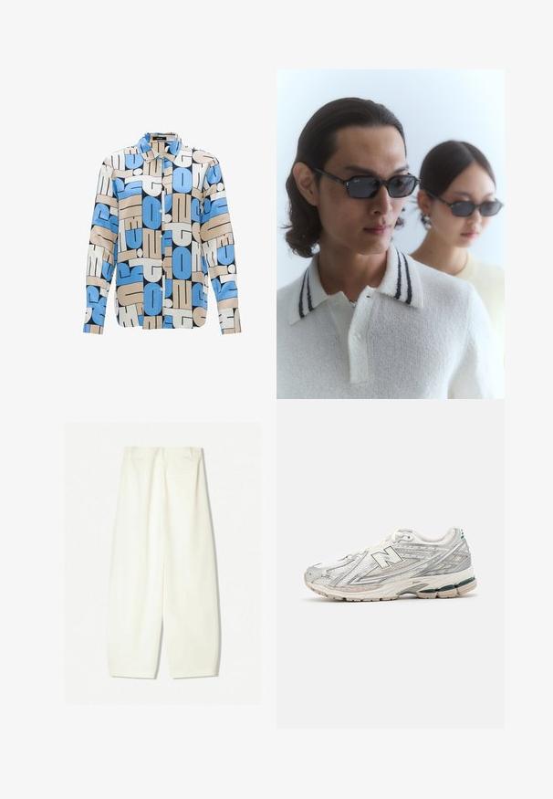 Musterhemd mit auffälligen geometrischen Formen in Hellblau, Beige und Dunkelblau. Hergestellt aus einem leichten Stoff mit durchgehender Knopfleiste.; Weite Hosen aus einem weichen Creme-Stoff, mit glatter Textur, seitlichen Taschen und einem lässigen Schnitt mit mittelhohem Bund.; Laufschuh mit einem silbernen und weißen Mesh-Obermaterial und grünen Akzenten. Die Sohle ist dick und strukturiert, um Dämpfung und Unterstützung zu bieten.; Schwarze Sonnenbrille mit rechteckigen Gläsern, getragen mit einem weißen strukturierten Poloshirt mit gestreiftem Kragen. Eine zweite Figur in einem hellen Oberteil ist verschwommen im Hintergrund.