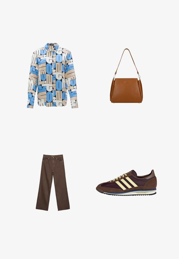 Camicia a fantasia con audaci forme geometriche nei colori blu chiaro, beige e blu scuro. Realizzata in un tessuto leggero con chiusura a bottoni sul davanti.; Jeans a gamba larga marroni in denim, con vita alta, tasche anteriori e chiusura a bottone classica. Tessuto liscio con cuciture sottili.; Sneaker marrone e bordeaux realizzato in materiali scamosciati e in rete, caratterizzato da tre strisce color crema, tessuto testurizzato sulla linguetta e suola in gomma.; Borsa a tracolla in pelle marrone con superficie texturizzata, una singola tracolla e un logo sottile sul davanti. Presenta un design strutturato.