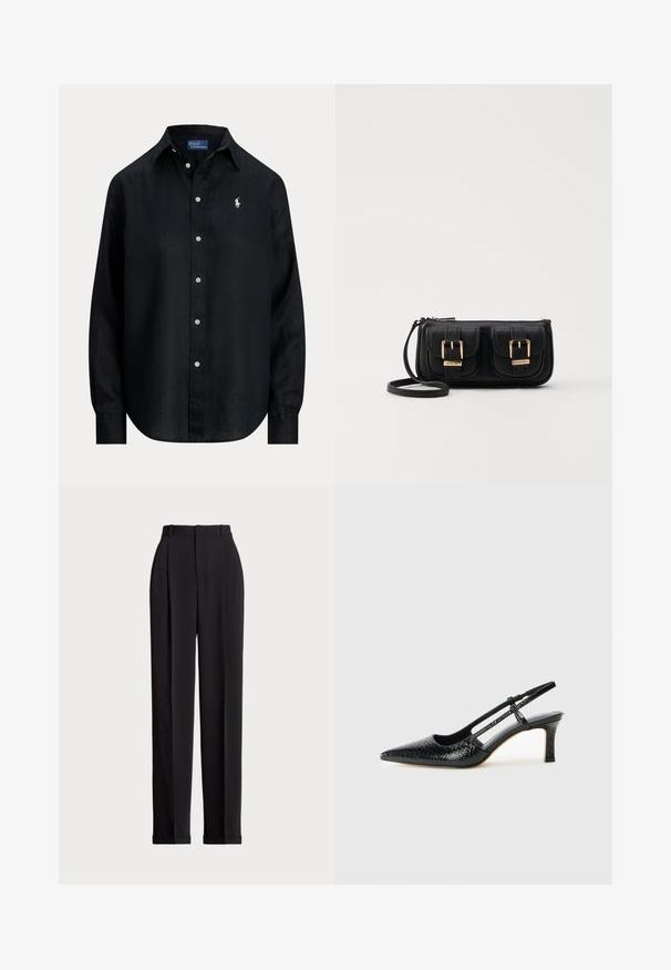 Camisa preta de botão feita de tecido leve, com colarinho clássico, mangas longas e um pequeno logótipo bordado no peito.; Calças pretas ajustadas com uma cintura alta, apresentando pregas na frente, um design de perna reta e bainha com punho. Feitas de tecido suave.; Salto slingback em patente preta com bico apontado, apresentando um padrão de pele de cobra texturizado, tira ajustável e um salto bloco curto e texturizado.; Bolsa de ombro em couro preto com dois bolsos frontais, fivelas douradas, fecho de zíper e uma alça fina. Superfície texturizada e forma retangular compacta.