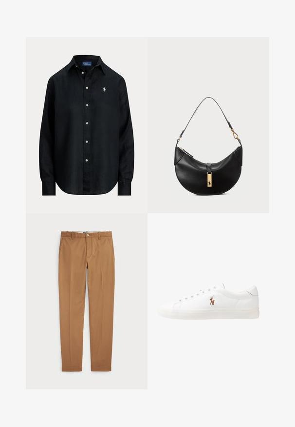 Černá košile na knoflíky vyrobená z lehkého materiálu, se klasickým límcem, dlouhými rukávy a malým vyšitým logem na prsou.; Hnědé bavlněné kalhoty s úzkým střihem, plochým předním dílem a standardními kapsami; hladký povrch a lemované manžety.; Bílé kožené tenisky, nízký střih, s hladkým povrchem, kulatou špičkou, šněrováním v přední části a malým vyšitým logem na boku.; Černá kožená kabelka ve tvaru půlměsíce. Obsahuje zlaté kovové detaily a úzký popruh. Hladký povrch, zapínání na zip na vrchu.