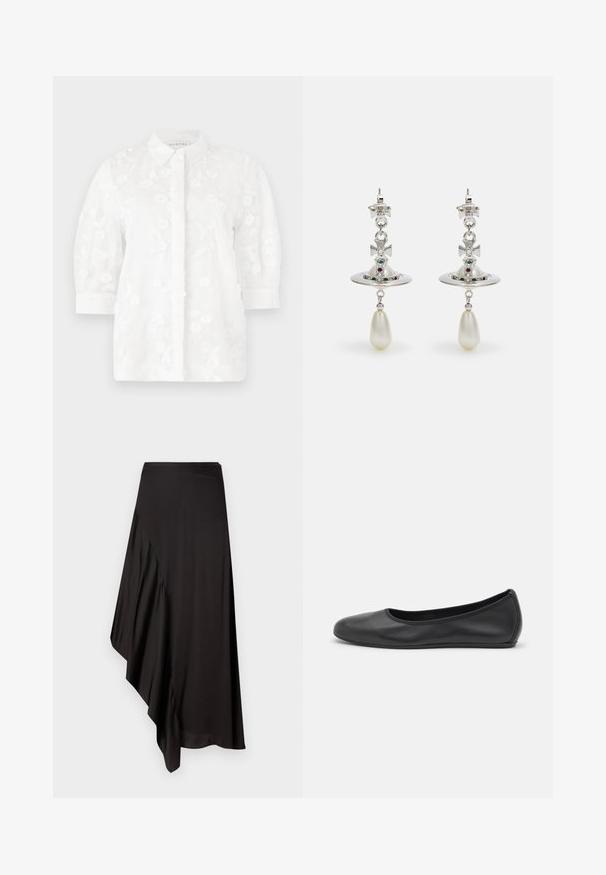 White embroidered blouse with a collared neck, three-quarter sleeves, floral patterns, and button closure down the front.; AERON ASTER SKIRT - Pencil skirt - black; Black leather ballet flat with a rounded toe, smooth texture, minimal stitching detail, and a flexible sole design.; Silver earrings featuring a circular hoop, adorned with sparkling stones and a teardrop pearl pendant. Distinctive design with intricate accents.