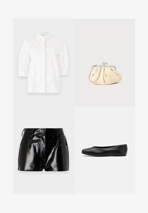 Blusa bianca ricamata con colletto, maniche a tre quarti, motivi floreali e chiusura a bottoni sul davanti.; Canottiera grigia a coste con design aderente, ampie aperture per le braccia e scollatura arrotondata. Realizzata in morbido tessuto di cotone con una texture liscia.; Shorts neri e lucidi realizzati in materiale sintetico. Presentano una vita aderente, passanti per la cintura e tasche frontali con evidenti dettagli di cucitura.; Paul Smith TOPANGA - Ballerine - black; Clutch in pelle beige plissettata con una struttura in metallo argento, dotata di due chiusure decorative rotonde e una tracolla in catena argentata.