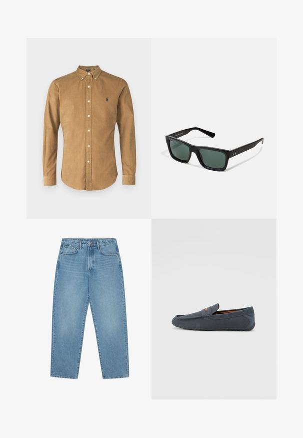 Langermet skjorte i beigemateriale. Har spiss krage, frontknapper og en liten blå logo på brystet. Teksturert finish.; Lyseblå denim brede benbukser med høy midje, som har fem lommer, beltehemper og en myk, lett falmet tekstur.; Grå perforerte loafers med slip-on design, med oransje detaljer, rund tå og teksturert gummisåle.; Svart rektangulære solbriller med grønne linser, med matte overflater, rette templer, og Ray-Ban-logo på siden.