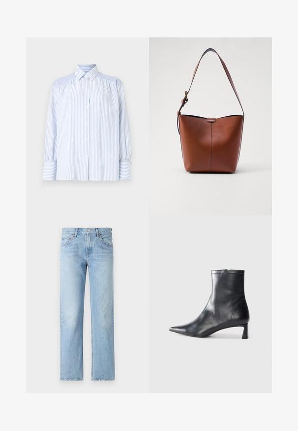 Light blue striped button-up shirt with a collar, puffed sleeves, and elastic cuffs. Textured shoulder accents contrast with the smooth fabric.; Light blue denim jeans with a straight fit, five-pockets, button and zipper closure, and a slightly faded finish.; Black leather ankle boot with a pointed toe and a sleek design. Features a low heel and a zipper closure at the back. Smooth texture.; Brown leather shoulder bag with a curved shape, smooth texture, and a single thin strap. Features a subtle seam and a small logo detail.