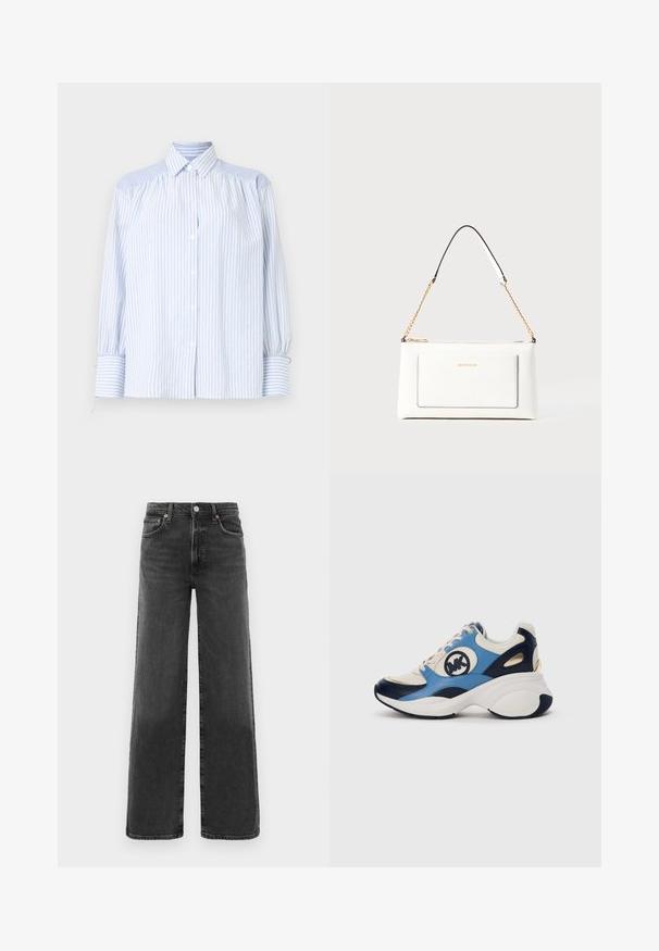 Camisa azul clara às riscas, com botões, gola, mangas bufantes e punhos elásticos. Os realces texturizados nos ombros contrastam com o tecido liso.; Jeans de denim pretos de cintura alta, de perna reta, com botão e fecho de correr à frente, duas bolsas frontais e duas bolsas traseiras.; Sapatilhas de camurça brancas, azuis-marinho e azuis claras com sola chunky e logótipo bordado circular ao lado.; Bolsa de mão branca em couro com acabamento texturizado, featuring a corrente dourada e detalhes pretos. Inclui um bolso frontal e fecho com zipper.