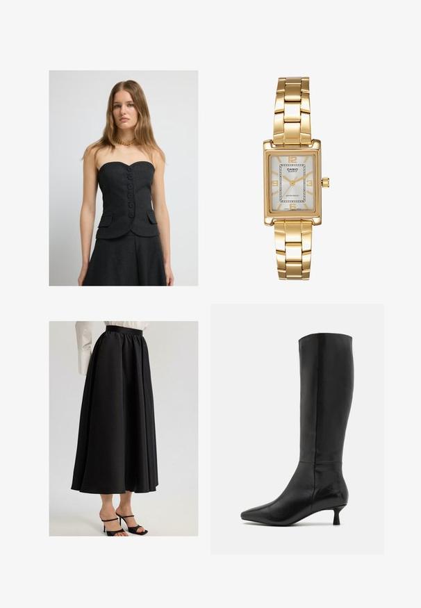 Svart strappless topp med texturerat tyg, prydd med sex stora knappar, två sidofickor och en figurnära design, tillsammans med en matchande kjol.; Svart maxikjol i mjuk tyg, med en samlad midja och flödande design, paired med svarta sandaletter.; Zign Stövel - black; Guldtonad rektangulär armbandsklocka med en vit urtavla, silvertonade timmarkörer och ett hållbart metallarmband. Vattentålig funktion ingår.
