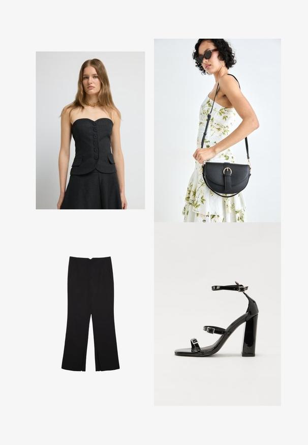 Sort strapless top med en struktureret tekstur, der har seks store knapper, to side-lommer og en tætsiddende pasform, parret med en matchende nederdel.; Sorte bukser med lige pasform, der har frontlommer og slidser i kanten. Lavet af blødt, glat stof. Velegnet til forskellige anledninger.; Sorte patenterede hælsandaler med firkantet tå, ankelremme og sølvspænder. Har en chunky blokHæl for stabilitet.; Sort læderhåndtaske med en buet form, aftagelig rem og guldfinish. Tasken har en klap med en spænde detalje.