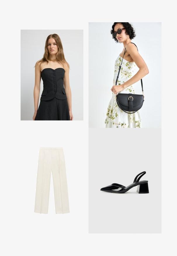 Black strapless top with a textured fabric, featuring six large buttons, two side pockets, and a fitted design paired with a matching skirt.; Wide-legged trousers in a light cream color. Made from a smooth fabric with pleats at the front and side pockets.; Black patent leather slingback heels with a pointed toe and a geometric block heel. Features a sleek, minimal design and smooth texture.; Black leather handbag with a curved shape, detachable strap, and gold hardware. The bag features a flap with a buckle detail.