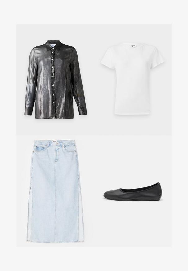 Black, shiny button-up shirt with a glossy texture, long sleeves, and a classic collar. Features white buttons along the front.; White cotton t-shirt with a crew neckline and short sleeves, featuring a relaxed fit and minimalistic design. Tag visible at the neck.; Light blue denim maxi skirt with a straight cut, featuring side slits and five-pocket design. Prominent stitching and metal button closure.; Black leather ballet flat with a rounded toe, smooth texture, minimal stitching detail, and a flexible sole design.
