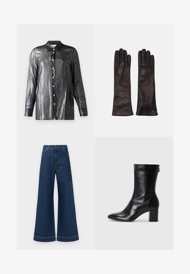 Schwarz, glänzendes Hemd mit Knöpfen, glänzender Textur, langen Ärmeln und klassischem Kragen. Verfügt über weiße Knöpfe entlang der Vorderseite.; Weite blaue Jeans aus Denim mit hoher Taille, ausgestattet mit einem Knopfverschluss, Gürtelschlaufen und dezenten Stichdetails an den Taschen und Säumen.; Schwarze Leder-Ankle-Boots mit spitzer Zehe und 4 cm Blockabsatz. Schlankes Design mit einem seitlichen Reißverschluss für einfaches Anziehen. Glatte Textur.; Weekend Max Mara SENAPE - Fingerhandschuh - nero