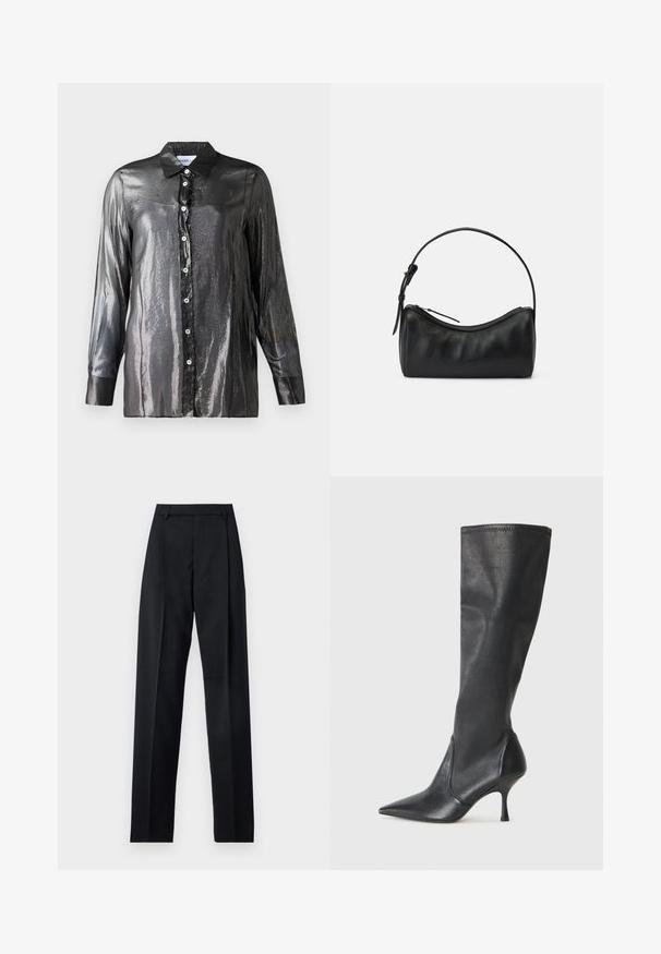 Melnas, spīdīgas krekla krekls ar spīdīgu tekstūru, garām piedurknēm un klasisku apkakli. Priekšpusē ir baltas pogas.; Melnas bikses, izgatavotas no gludas auduma, ar augstu vidukli, platiem bikšu galdniekiem, priekšējiem krokām un klasiskām jostu cilpām. Sānu kabatas nav redzamas.; Ceļa auguma melni ādas zābaki ar smailu purngalu un šauru stiletto papēdi. Gluda tekstūra ar pieguļošu dizainu un izšuvumiem augšējā malā.; Melna ādas plecu soma ar izliekumu, ar rāvējslēdzēju un šauru siksniņu. Iespējas gluda tekstūra un smalki šuvumi.