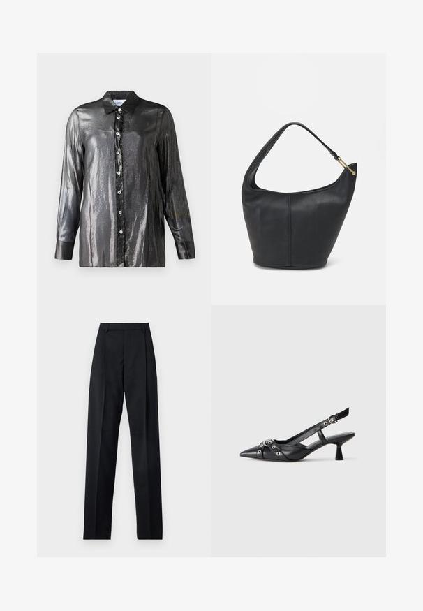 Sort, blank skjorte med en blank overflade, lange ærmer og en klassisk krave. Har hvide knapper foran.; Sorte bukser lavet af glat stof, der har høj talje, brede ben, frontfolder og klassiske bælteløkker. Ingen synlige sidelommer.; Sort lædersandal med spids tå, dekorative stropper med metaløjer og en lav blokhæl. Struktureret overflade.; Sort læderhandtaske med en rund form, bred rem og textured finish. Har en subtil sømdetalje og en hardware i gyldent tone.