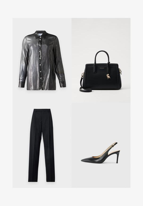 Μαύρο, γυαλιστερό πουκάμισο με επένδυση, μακριά μανίκια και κλασικό γιακά. Διαθέτει λευκά κουμπιά κατά μήκος του μπροστινού μέρους.; Μαύρο παντελόνι φτιαγμένο από λείο ύφασμα με ψηλή μέση, φαρδιές γάμπες, πλάγιες πιέτες και κλασσικές θηλιές ζώνης. Δεν υπάρχουν ορατές πλαϊνές τσέπες.; Μαύρες δερμάτινες γόβες slingback με μυτερή μύτη, ρυθμιζόμενο λουράκι και κομψό τακούνι στιλέτο, με λείες επιφάνειες.; Μαύρη δερμάτινη τσάντα χειρός με δομημένο σχέδιο, διπλές λαβές στην κορυφή, αποσπώμενος ιμάντας ώμου, χρυσά αξεσουάρ και διακοσμητικό λογότυπο.