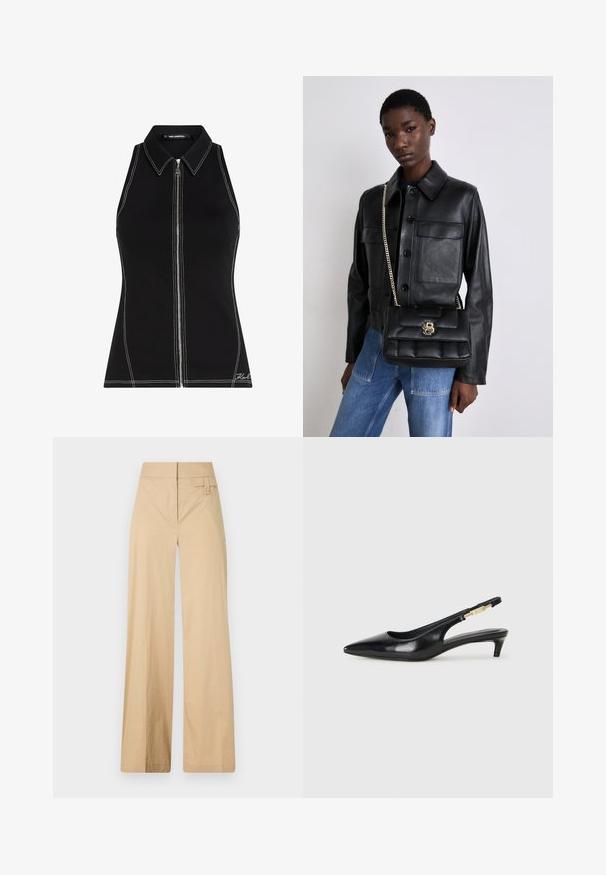 Juoda be rankovių viršūnė su apykakle, su priekiniais užtrauktukais ir kontrastingais baltais siuvinėjimo akcentais. Lygi, tampri medžiaga.; Smėliniai plačiakelniai kelnių pagaminti iš medvilnės ir sintetinės medžiagos mišinio. Turi lygų tekstūrą, elastingą juosmenį ir šoninį mygtuko akcentą.; Juodas odinis pavasario batelių modelis su smailiu nosiu, turintis siaurą kulniuką ir auksinės spalvos akcentu reguliuojamoje juostoje. Lygi tekstūra.; Juodas odinis švarkas su mygtukų uždarymu ir dviem priekinėmis kišenėmis, sujungtas su juodu siuvinėtu rankiniu krepšiu, turinčiu auksinį užsegimą ir grandinėlės dirželį.