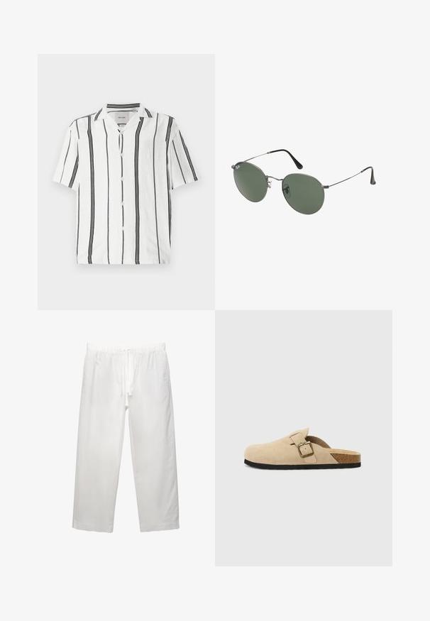 Koszula krótki rękaw, biała w czarne pionowe paski. Posiada zapięcie na guziki z przodu oraz kołnierz z wycięciem. Wykonana z lekkiego materiału.; Biała bawełniana koszulka z krótkim rękawem, okrągłym dekoltem i luźnym krojem. Gładka struktura bez widocznych wzorów czy akcentów.; Białe lniane spodnie z elastycznym pasem i sznurkiem, szerokimi nogawkami i czystymi szwami. Gładka tekstura z luźnym krojem.; Beżowe zamszowe klapki z korkową wkładką, zaokrąglonym noskiem i prostym paskiem z złotym zapięciem. Gumowa podeszwa zapewniająca przyczepność.; Okulary przeciwsłoneczne z metalową ramą i owalnymi zielonymi soczewkami. Cienka srebrna metalowa rama i czarne końcówki zauszników. Minimalistyczny design, bez widocznych logo.