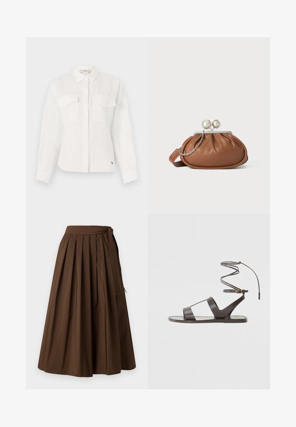 Weißes Hemd mit Knopfleiste aus leichtem Stoff, ausgestattet mit zwei Brusttaschen, einem spitzen Kragen und einem abgerundeten Saum. Subtile Texturdetails.; Brauner, plissierter Rock aus einem glatten Stoff mit hoher Taille und seitlichem Bindedetail zur SchlieĂźung.; Braune Ledersandale mit flacher Sohle, minimalistischem Design, gebogenem Knöchelriemen und mehreren Ausschnitten für Atmungsaktivität.; Braune Leder-Clutch mit silbernem Kugelverschluss und einem kleinen silbernen Kettendetail auf weißem Hintergrund.