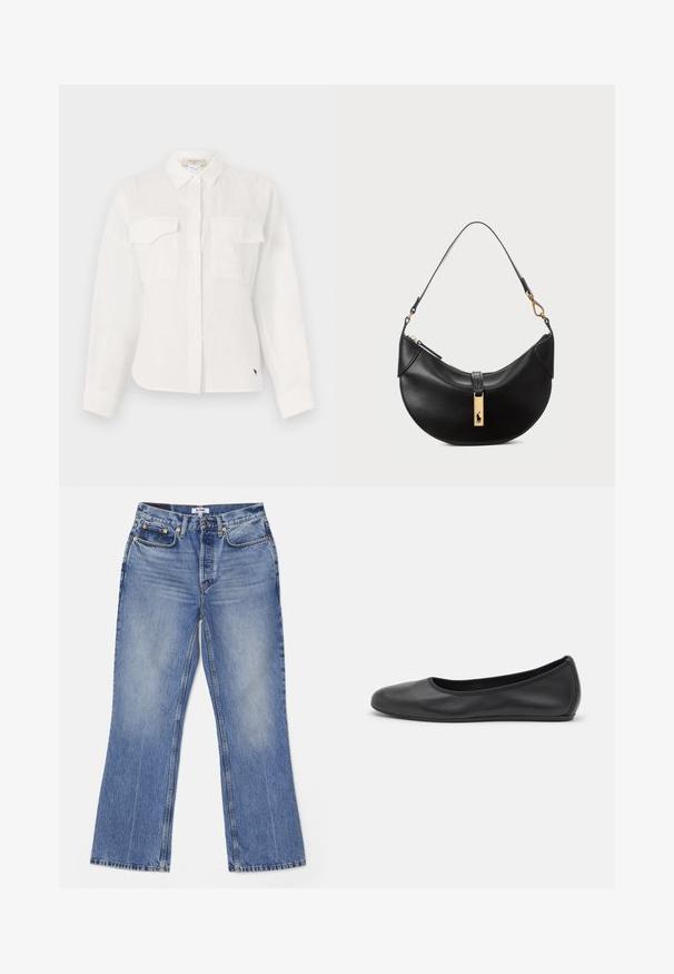 White button-up shirt made of lightweight fabric, featuring two chest pockets, a pointed collar, and a curved hem. Subtle texture detail.; RE/DONE LOOSE - Bootcut jeans - hacienda; Black leather ballet flat with a rounded toe, smooth texture, minimal stitching detail, and a flexible sole design.; Black leather handbag in a half-moon shape. Features a gold hardware accent and a narrow strap. Smooth texture, zipper closure at the top.